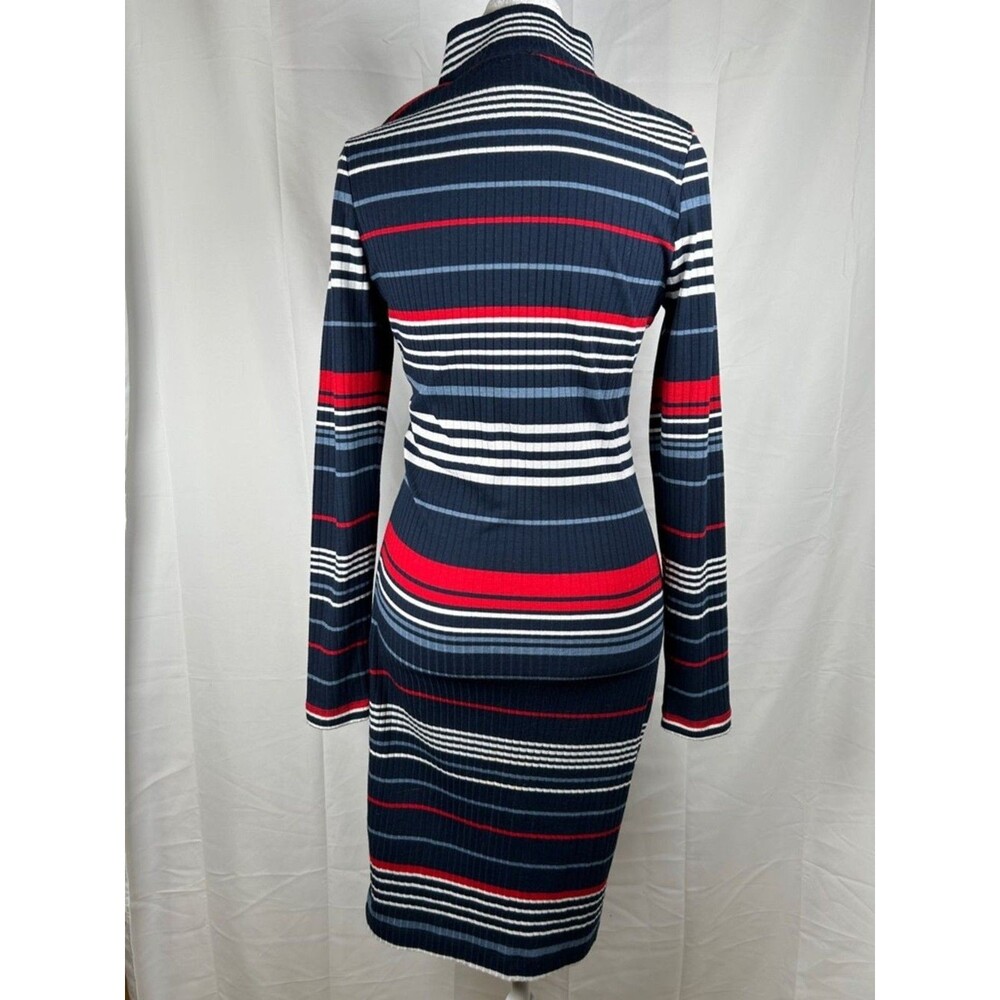 Venus Knit Striped Dress XS Blue Red White Full Zip Long Cardigan High Neck - Picture 3 of 10